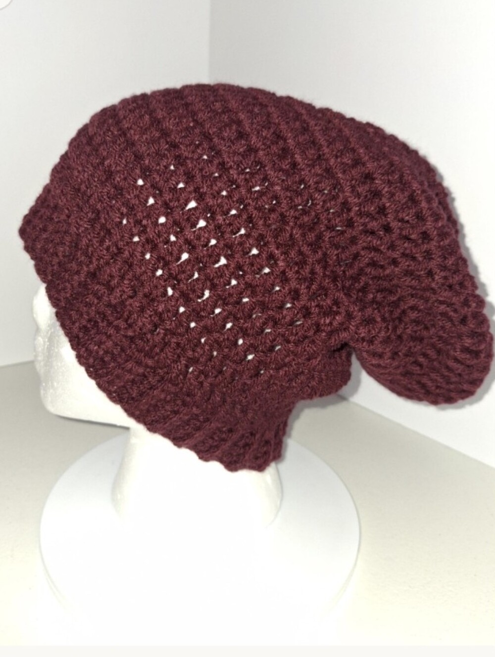 Beanie Slouchy Cap XL Wine Crocheted Handmade.